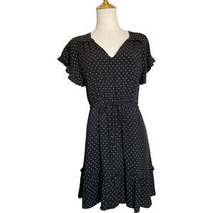 Gap Women's XS Petite‎ Dress Black White Polka Dots Ruffle Hem V-Neck